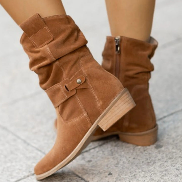 Stylish women's ankle boots, flat with a round toe and block heel. Ideal for cold weather & winter fashion.