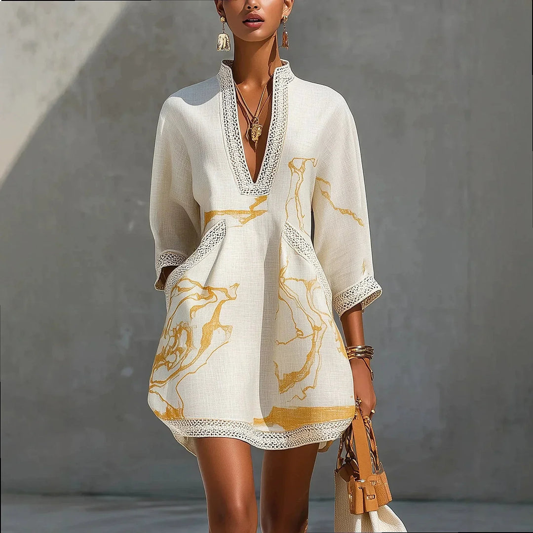 Elegant women's V-neck mini dress. Perfect for a chic day look or casual evening out.