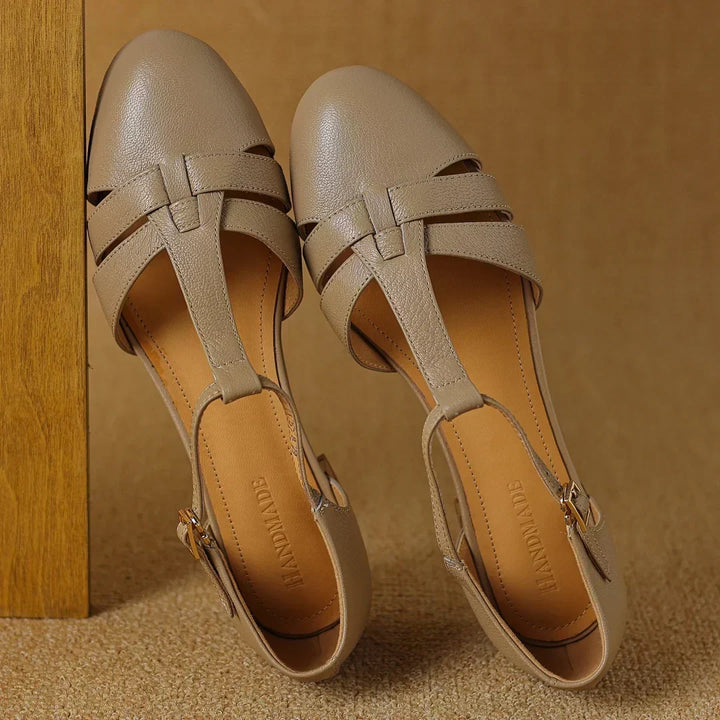Comfortable women's t-bar ballet flats, elegant and casual. Adjustable low heel footwear for daily wear.