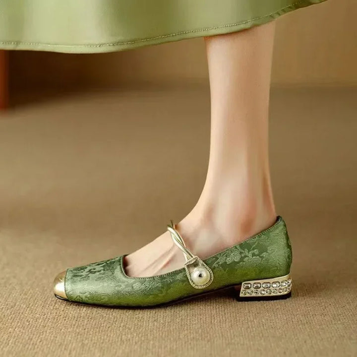 Classic women's Mary Jane shoes, featuring a stylish braided pearl strap & vintage design.