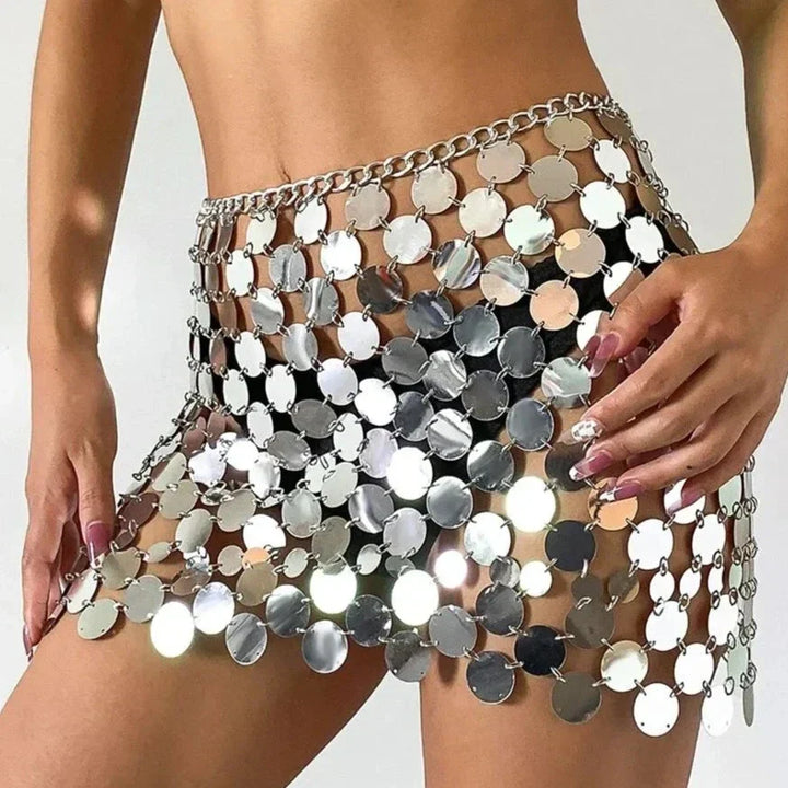 Shimmering women's mini sequin skirt with vibrant sparkle, a stunning fashion piece for parties & club nights.