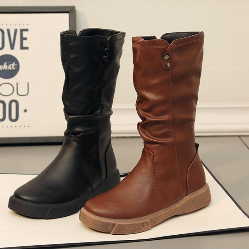 Fashionable women's mid-calf boots, low heel, gathered detail, convenient side zipper for winter comfort.