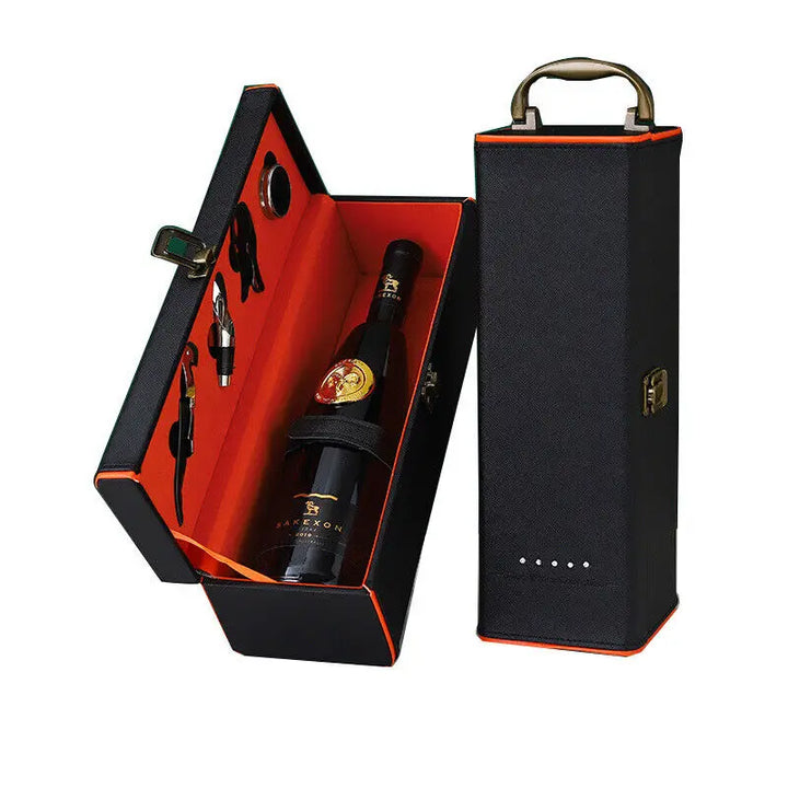 Portable wine box with ergonomic handle, perfect for transporting wine safely.