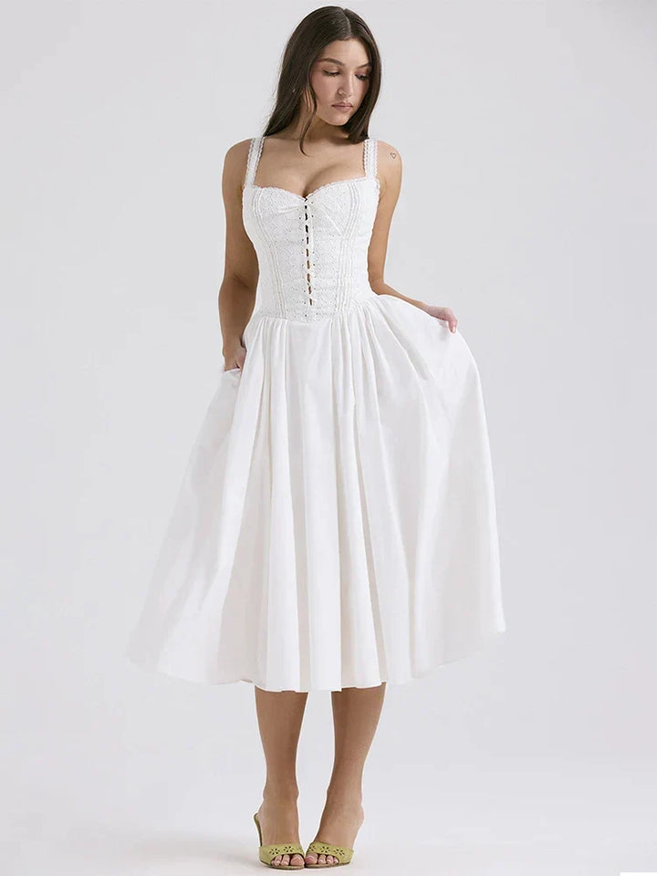 Comfortable women's breezy midi dress with button front, great for a casual summer day or a vacation.