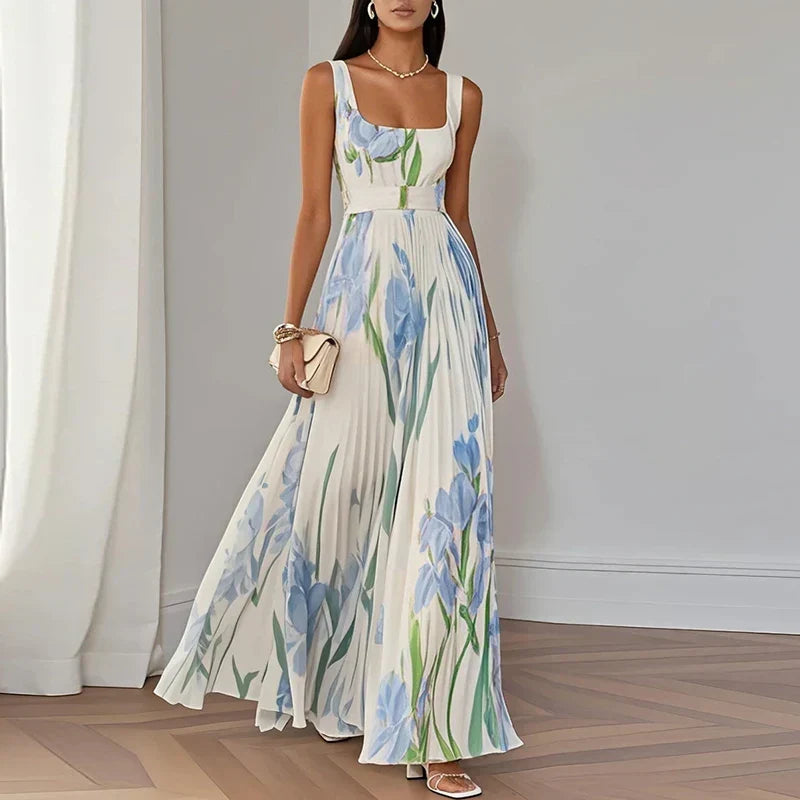 Stylish A-line floral print maxi gown for women, ideal as an elegant wedding guest dress or evening wear.