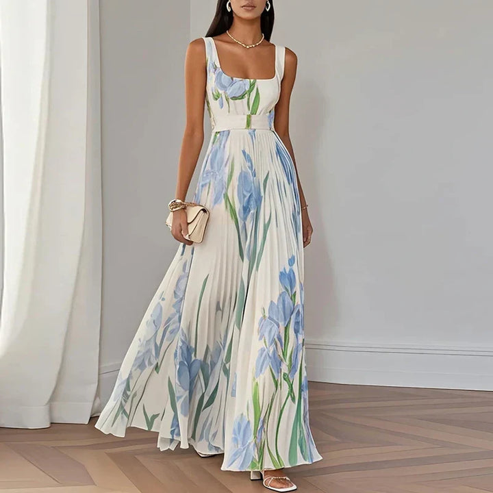 Stylish A-line floral print maxi gown for women, ideal as an elegant wedding guest dress or evening wear.