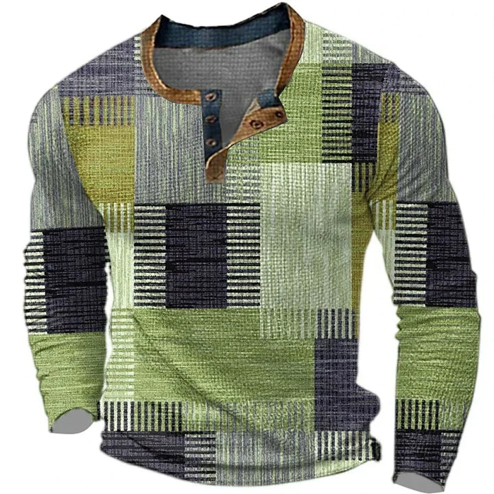 Vibrant men's long sleeve patchwork shirt. Colorful button-down, ideal for versatile casual & stylish everyday fashion.