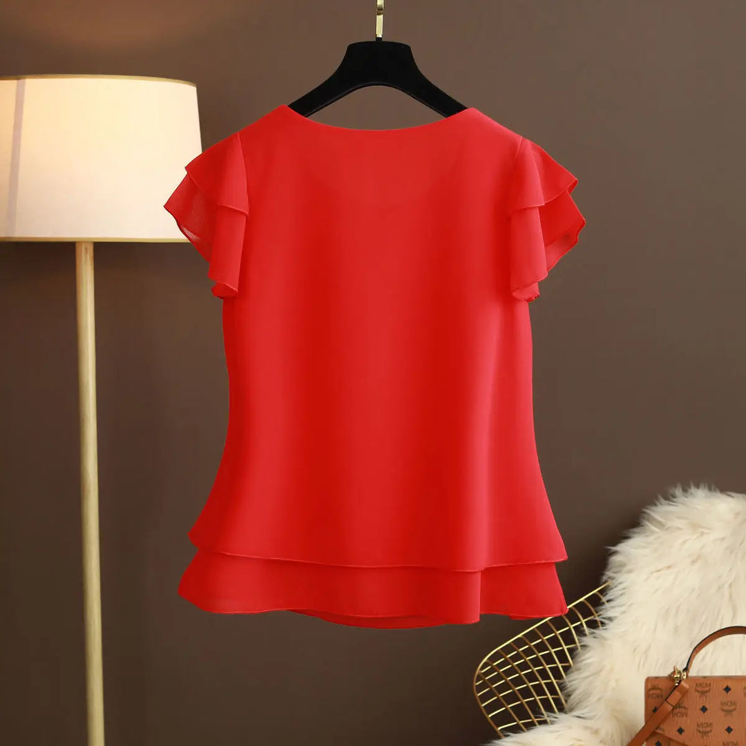 Elegant women's O-neck short sleeve blouse, perfect for spring & summer fashion. Versatile and stylish top.
