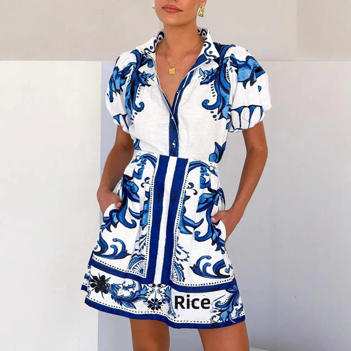Women's vibrant floral puff sleeve mini sundress, perfect for summer fashion.