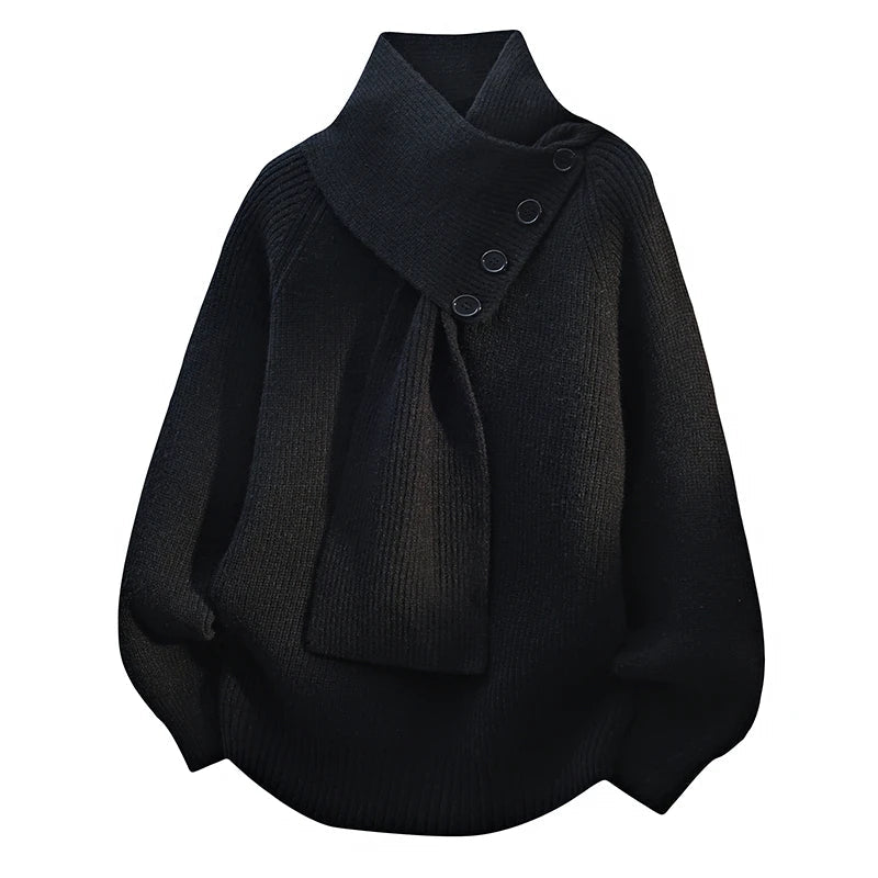 Soft women's cozy sweater, featuring an elegant scarf-neck design, perfect for sophisticated winter wear.