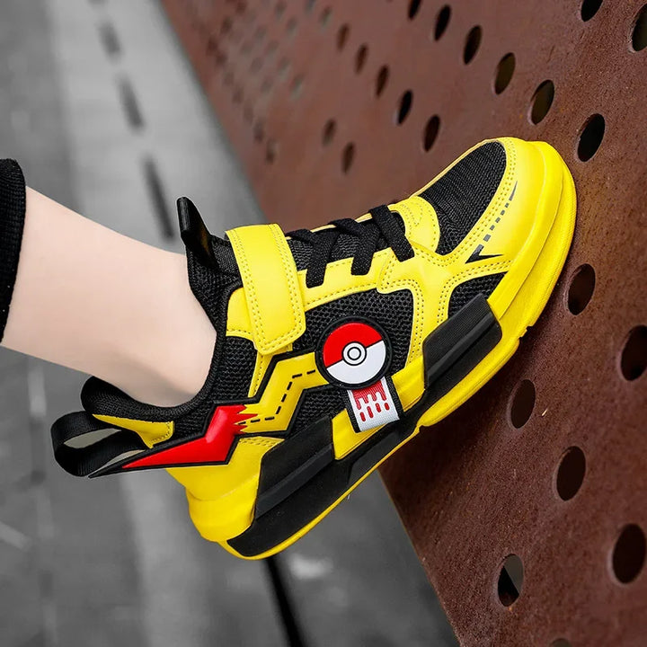 Yellow Pikachu Pokémon sneakers for boys & girls, featuring breathable material and easy velcro straps for active kids.