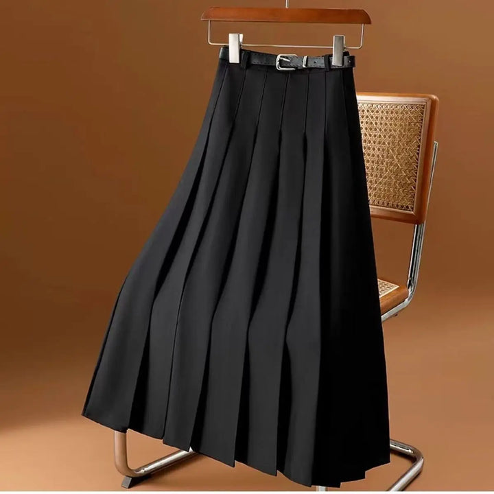 Classic women's belted pleated A-line midi skirt, ideal for work or versatile fashion, showcasing elegant drape.