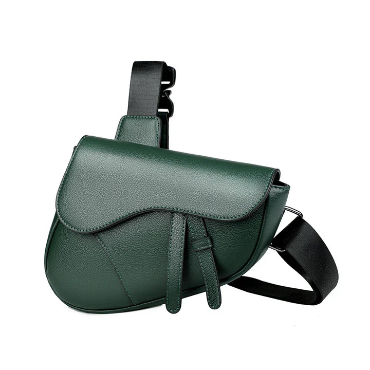 Modern men's saddle style crossbody bag, minimalist design, adjustable shoulder strap for daily essentials.