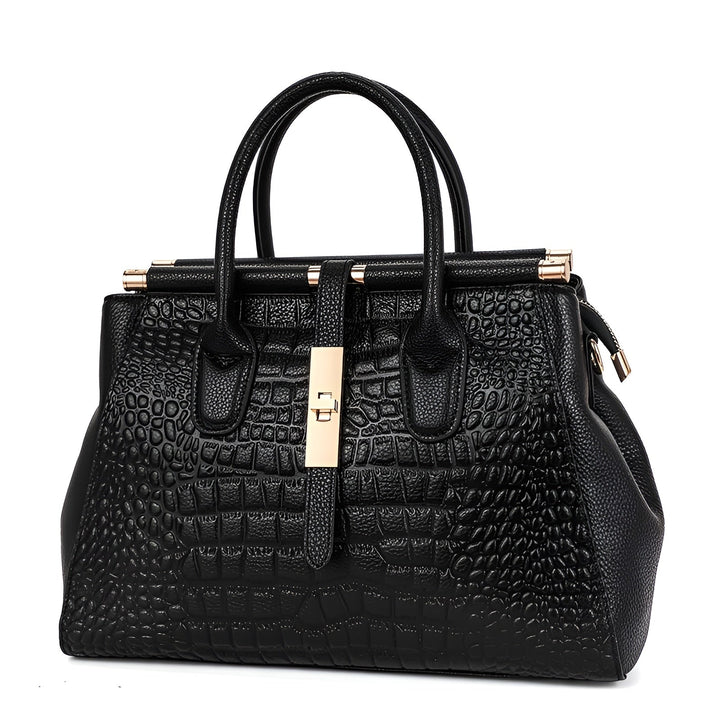Women's elegant leather handbag with alligator relief, structured design & top handle.