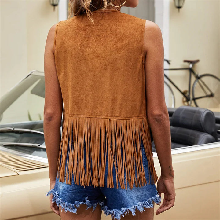Bohemian chic women's vest, sleeveless, featuring flowy fringe and an open front.