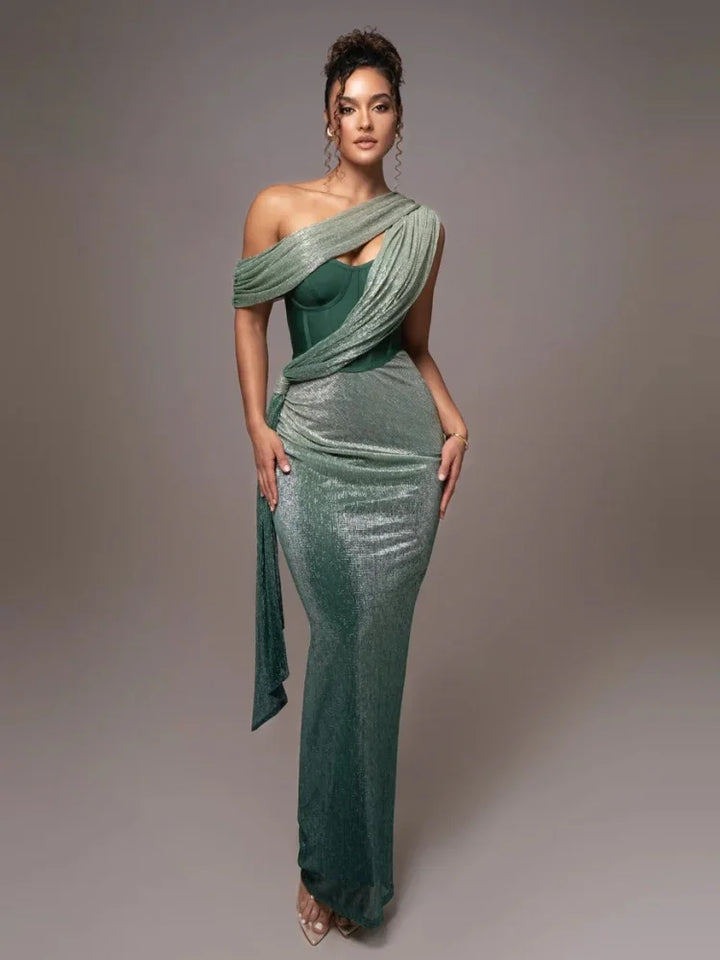 Stunning one-shoulder statement maxi dress, an elegant formal gown for women's evening wear, parties & wedding guests.
