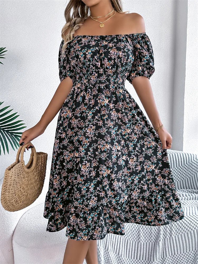 Women's floral smocked midi dress with elegant puff sleeves. Comfortable and stylish for autumn.