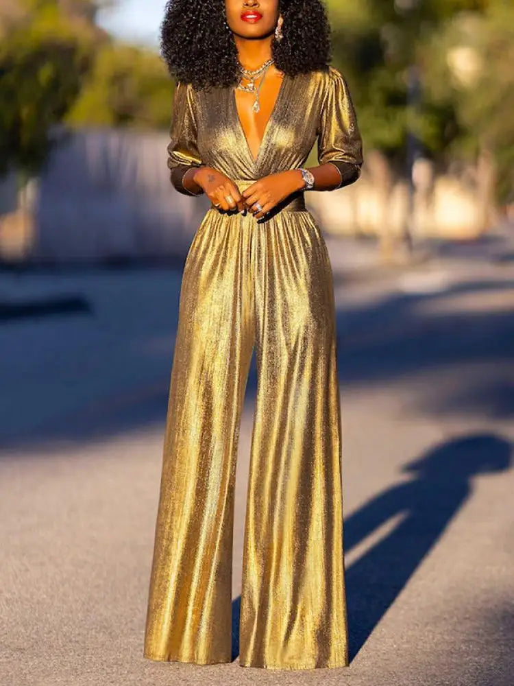 Versatile women's shimmering jumpsuit. Comfortable full-length design makes it a chic elegant party outfit.