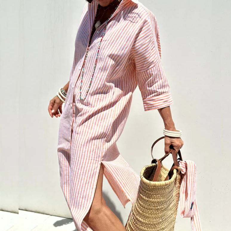 Women's chic striped shirt dress, long sleeve for versatile elegant and casual everyday wear.