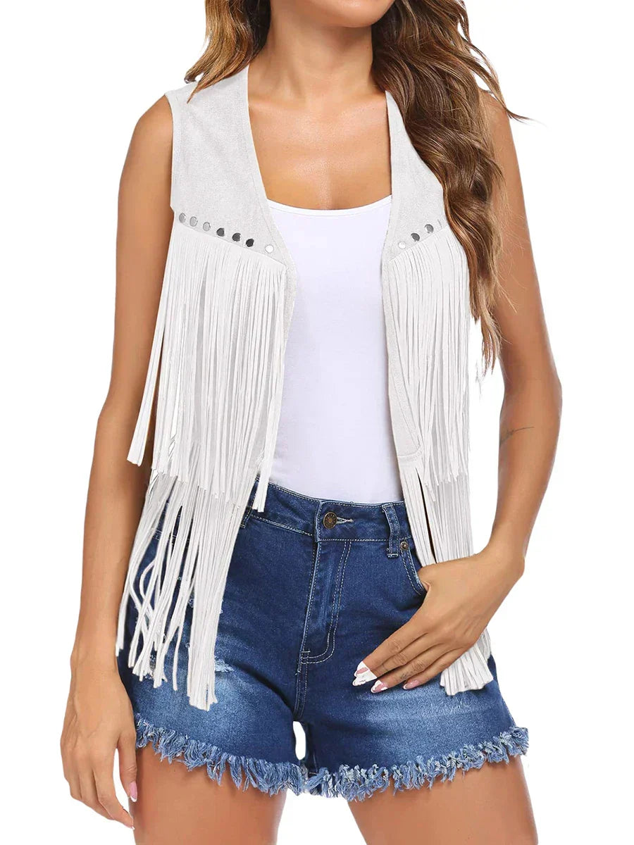 Women's fashion vest: open front, sleeveless, with eye-catching fringe and bohemian flair.