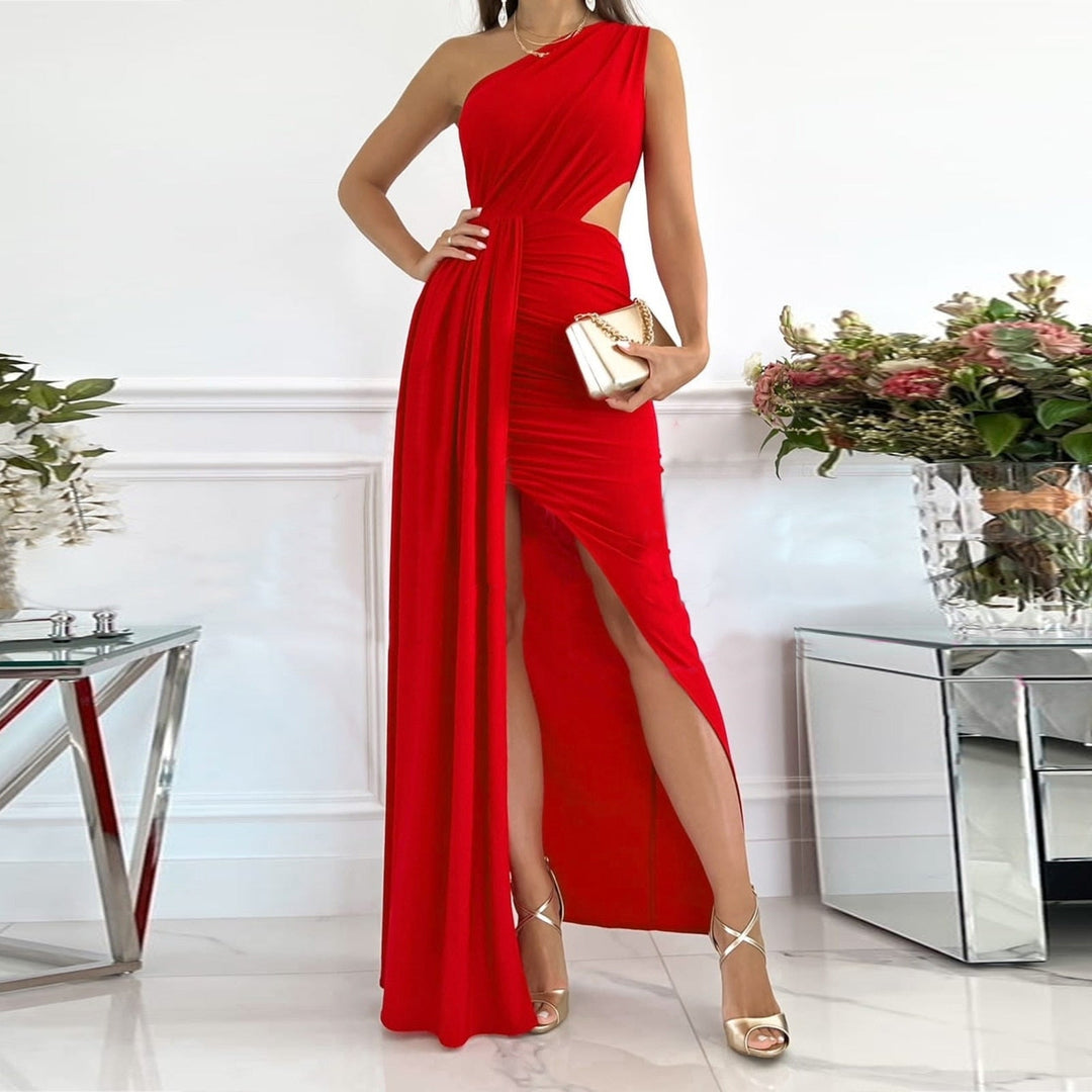 Vibrant red one-shoulder maxi evening gown for women, designed with a draped detail at the waist and a stylish split hem.