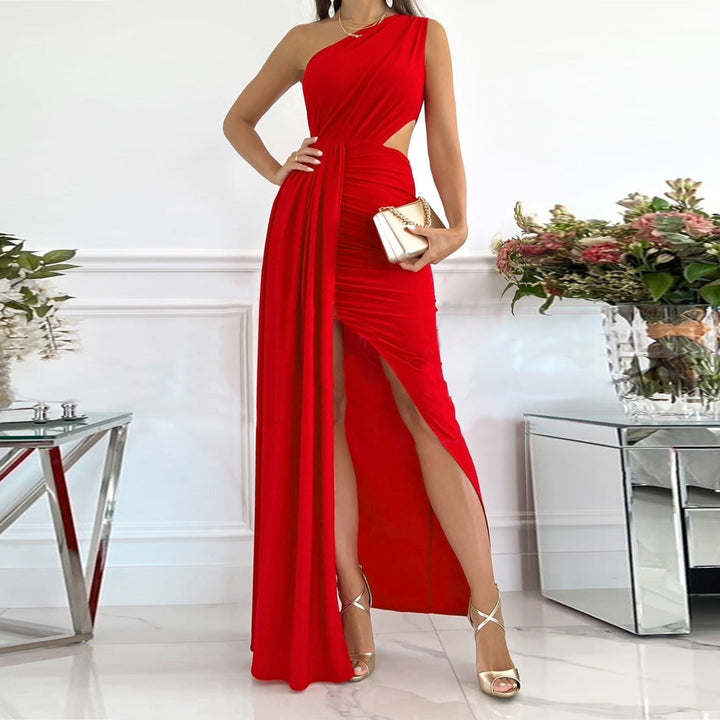 Vibrant red one-shoulder maxi evening gown for women, designed with a draped detail at the waist and a stylish split hem.