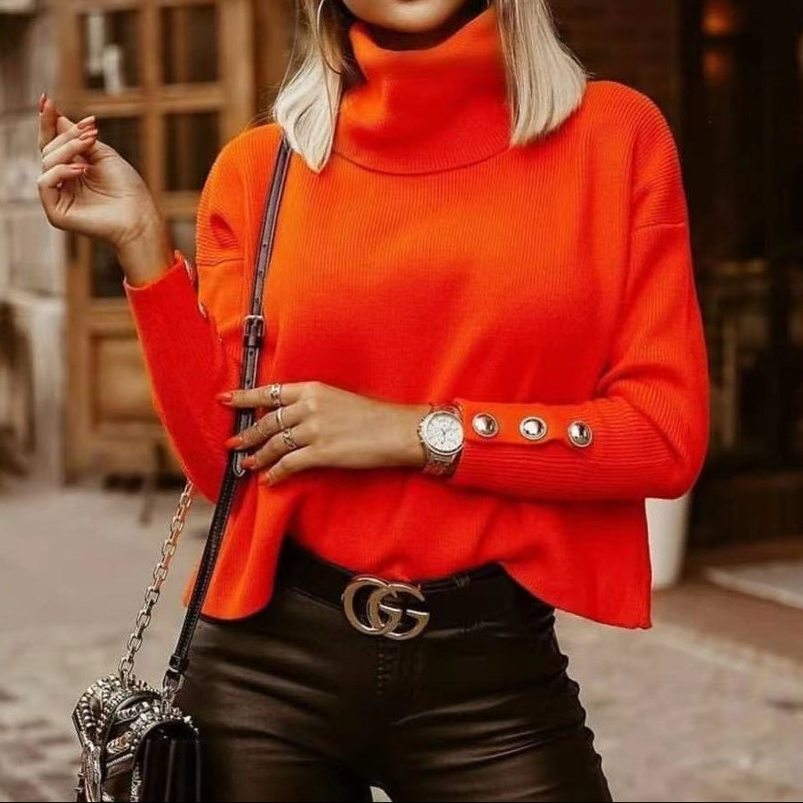 Versatile ribbed knit turtleneck top for women, featuring stylish button details on long sleeves. Winter style.