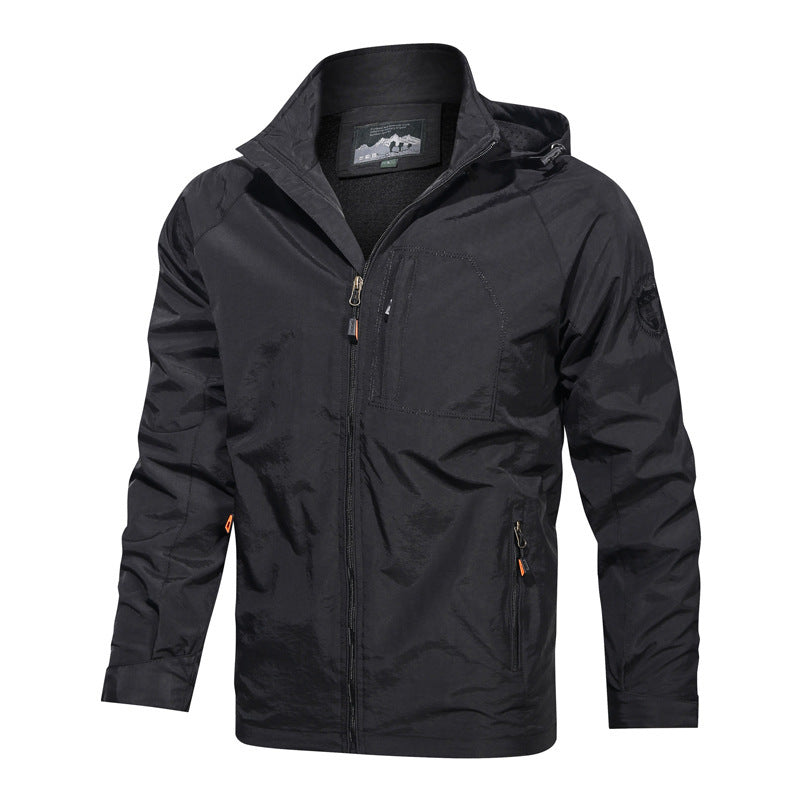 Men's full-zip lightweight hooded jacket for versatile spring/fall outdoor adventures. Ideal casual outerwear.