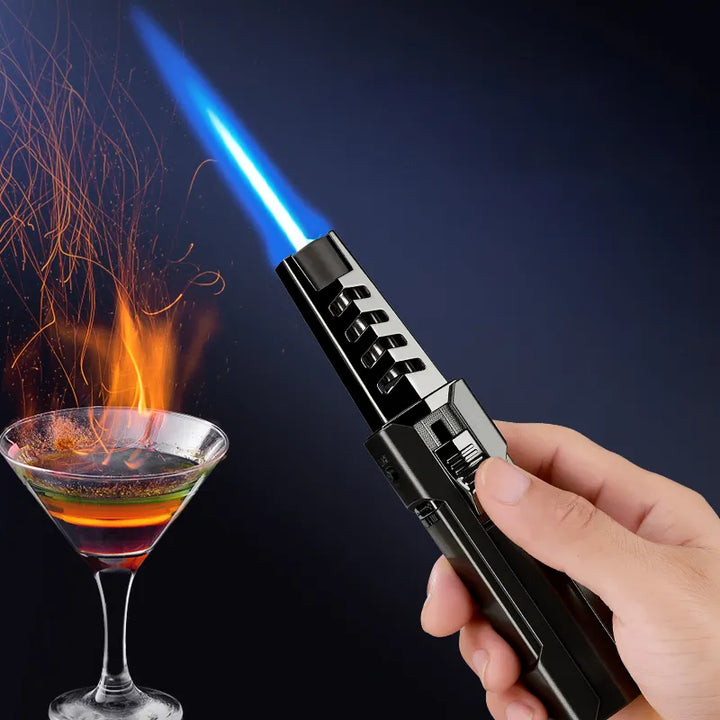 Powerful windproof jet lighter with adjustable blue flame for outdoor adventures, camping, and utility tasks.