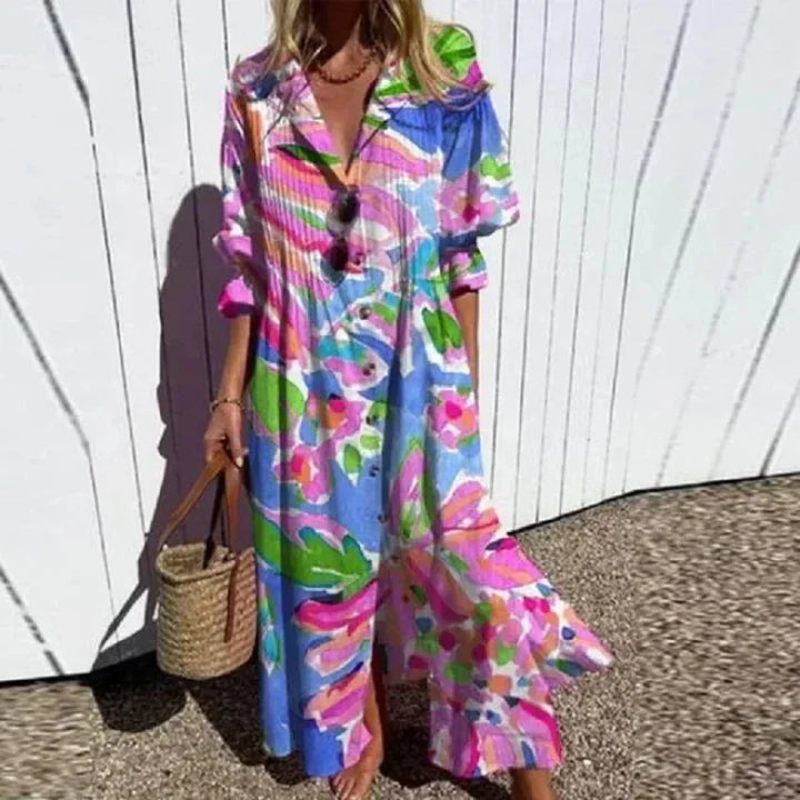 Comfortable women's bohemian maxi dress with a relaxed flowy fit, ideal for elegant summer and holiday fashion.