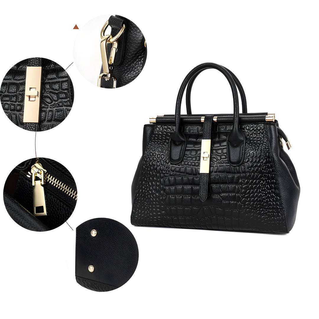 Sophisticated women's work bag, leather with alligator relief, providing elegance & practical storage.