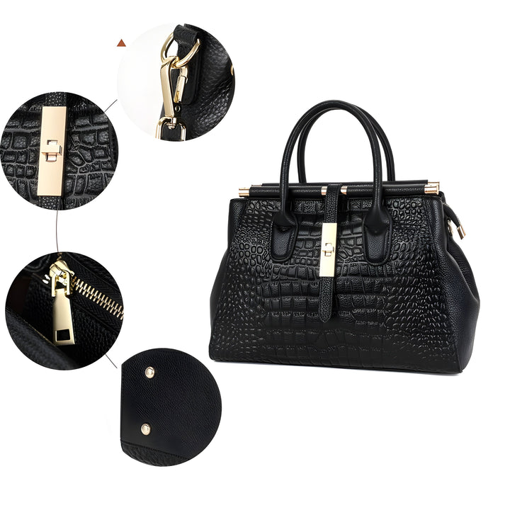 Sophisticated women's work bag, leather with alligator relief, providing elegance & practical storage.