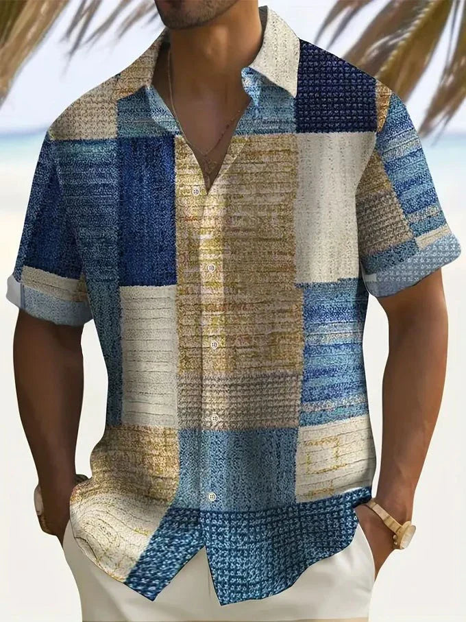 Men's summer vintage patchwork short sleeve shirt, relaxed fit. Ideal for beach wear & vacation.