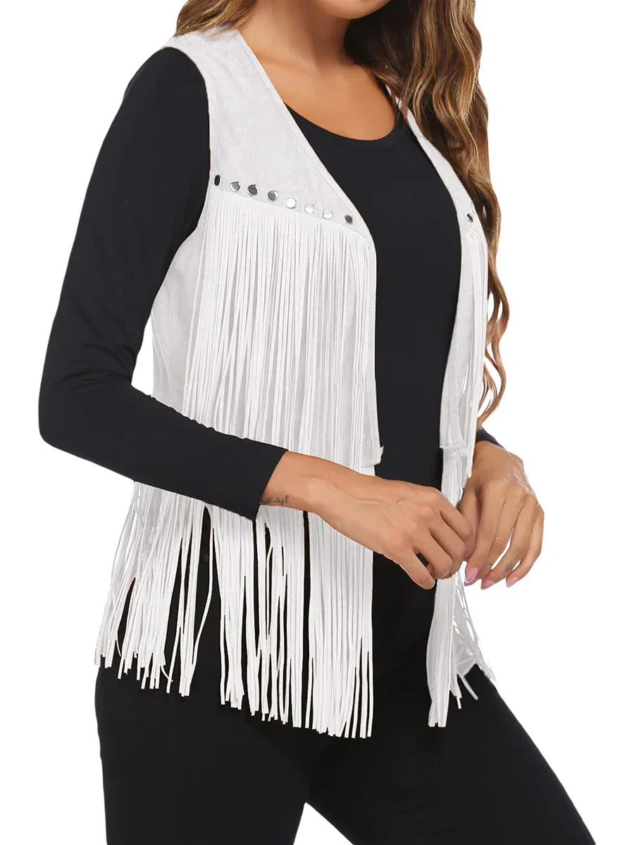 Contemporary women's sleeveless fringe vest, open front, for a modern bohemian aesthetic.