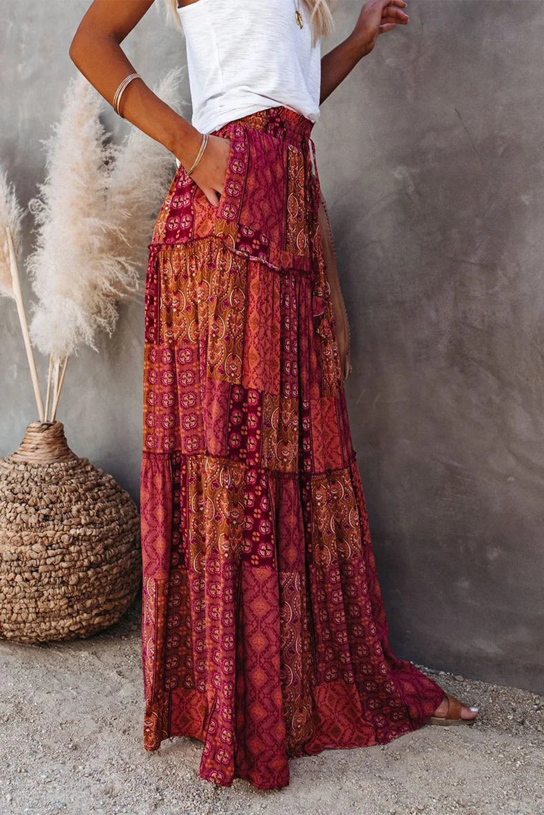 Boho-inspired high-waisted floral A-line maxi skirt, comfortable and stylish for women.