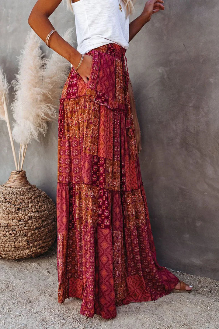 Boho-inspired high-waisted floral A-line maxi skirt, comfortable and stylish for women.