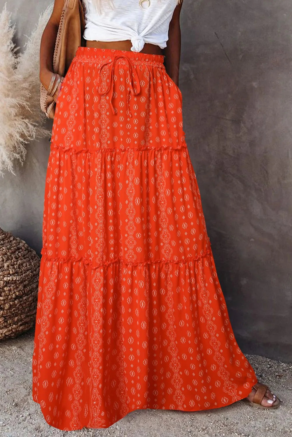 Casual chic women's floral maxi skirt, high-waisted A-line silhouette, easy to style.