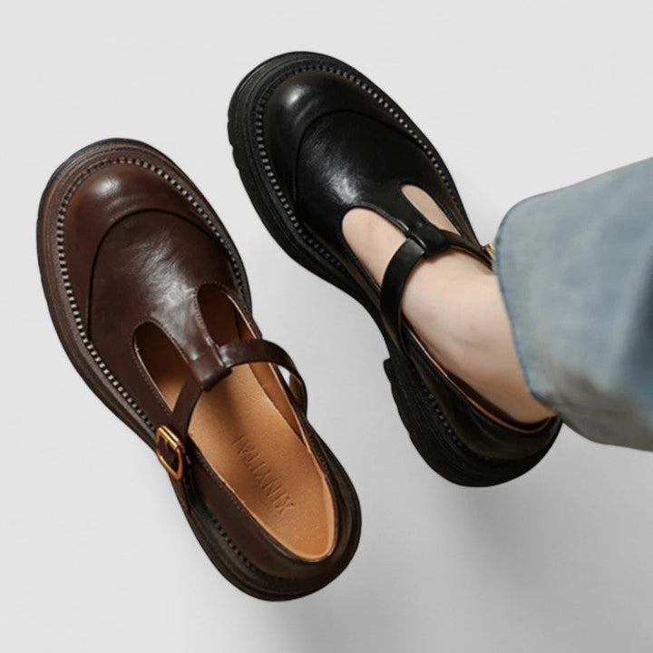 Elegant women's leather Mary Jane shoes, classic T-strap design, supportive orthopedic comfort.