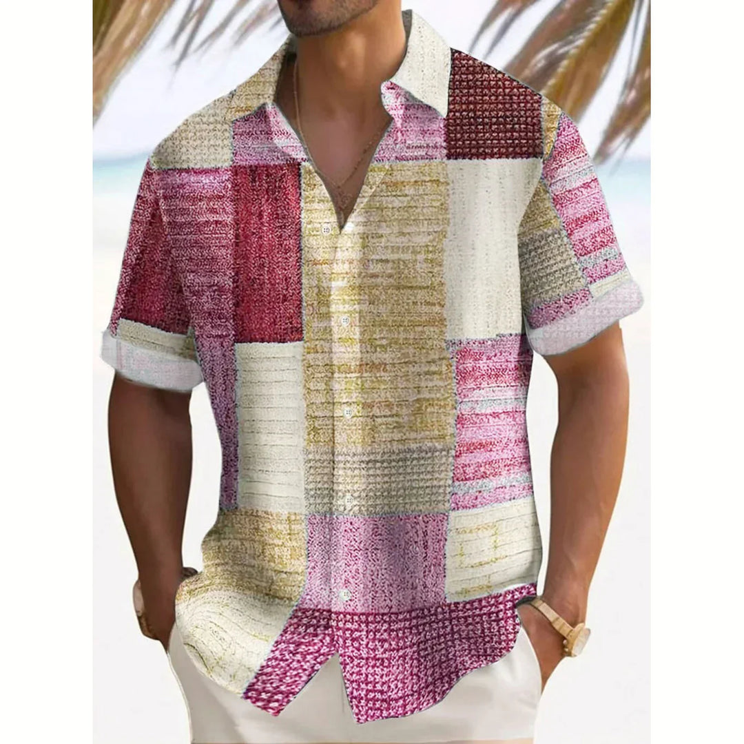 Lightweight men's vintage patchwork summer shirt, relaxed fit. Short sleeve, perfect for beach & casual vacation wear.
