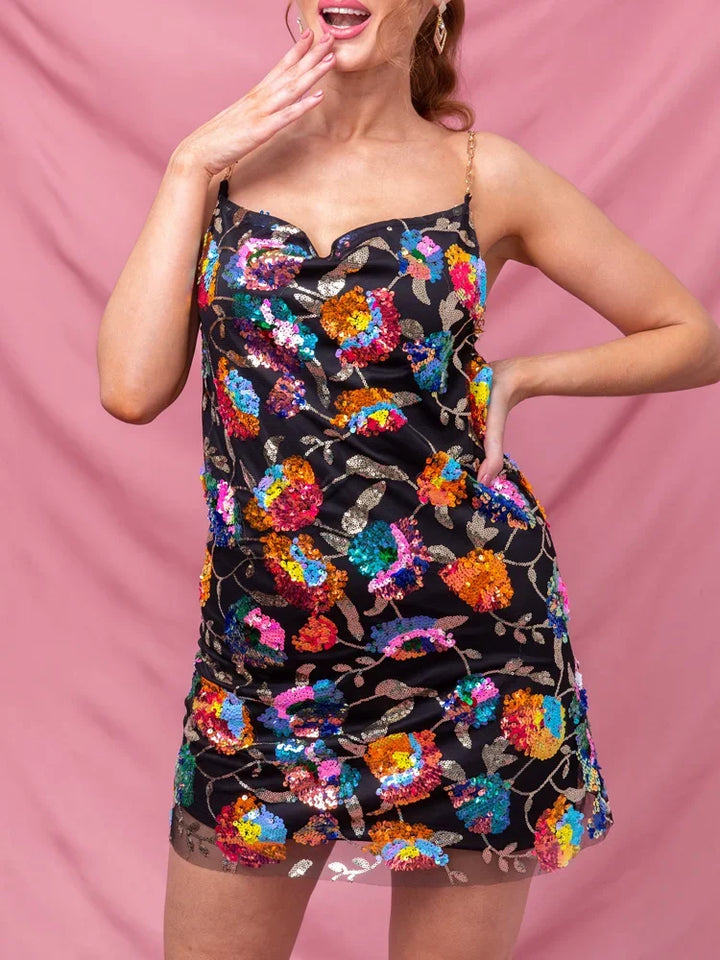 Vibrant floral print mini dress, women's elegant summer style, spaghetti strap, vacation essential.