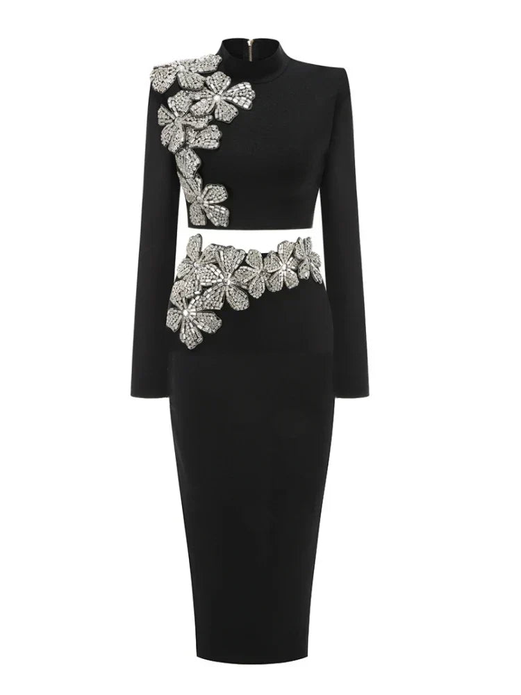 Glamorous women's embellished two-piece outfit, perfect for special occasions, girls night & sparkle season.