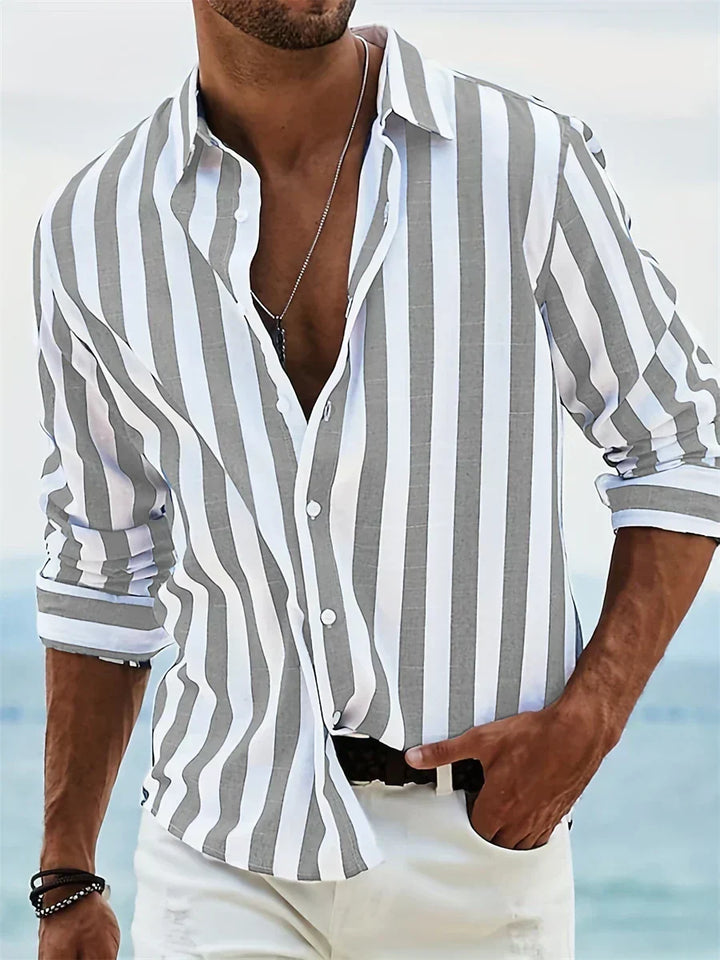 Fashionable men's striped button-down shirt, a relaxed fit top perfect for summer style & beach outings.