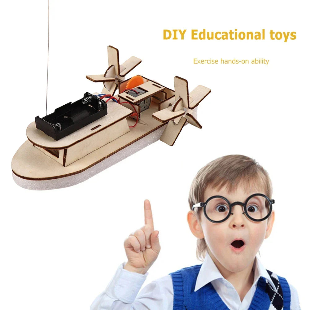 Wooden pieces, motor, and propeller for DIY electric toy boat assembly & creative play.