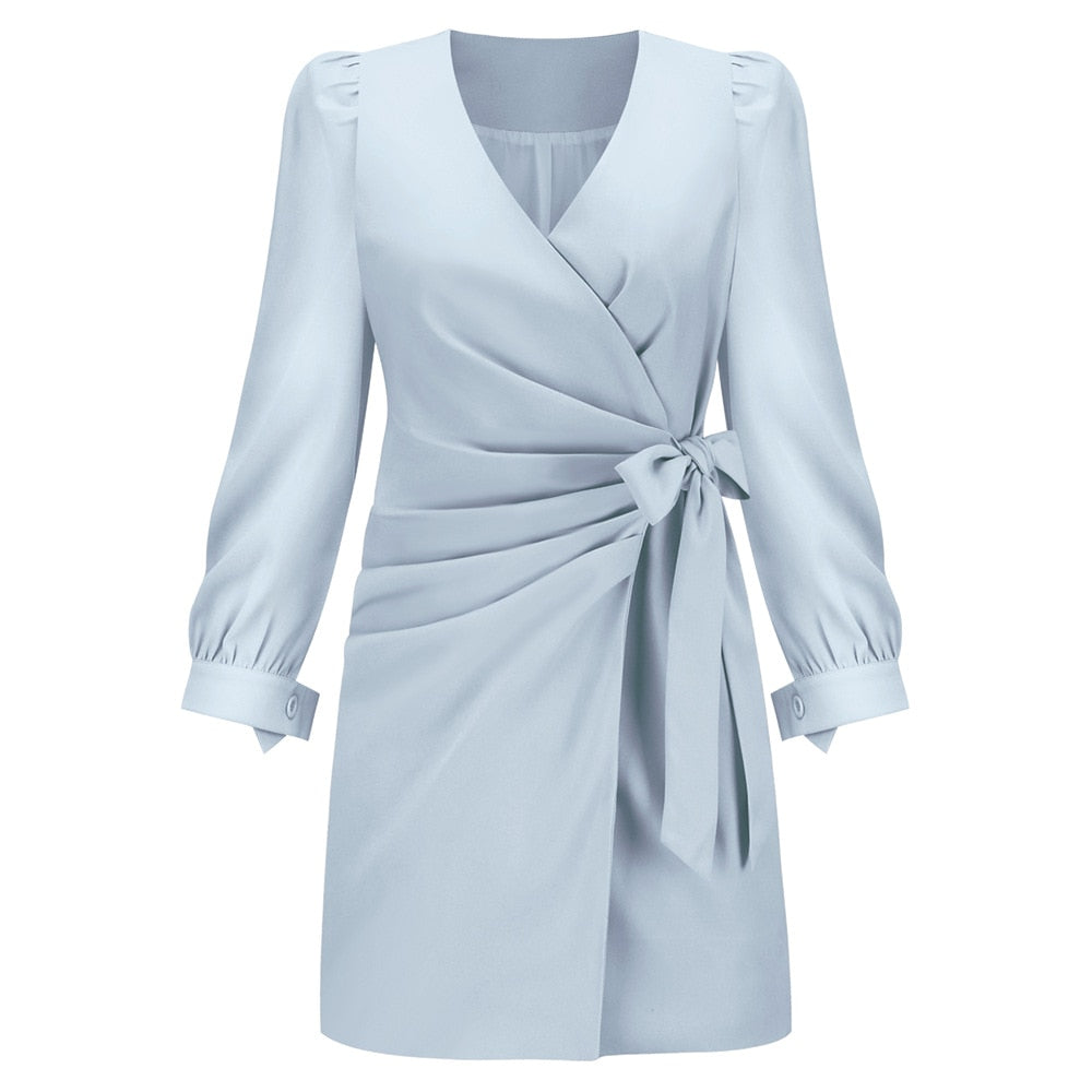 Versatile women's elegant wrap mini dress with long sleeves and waist tie, suitable for day, evening, or party wear.