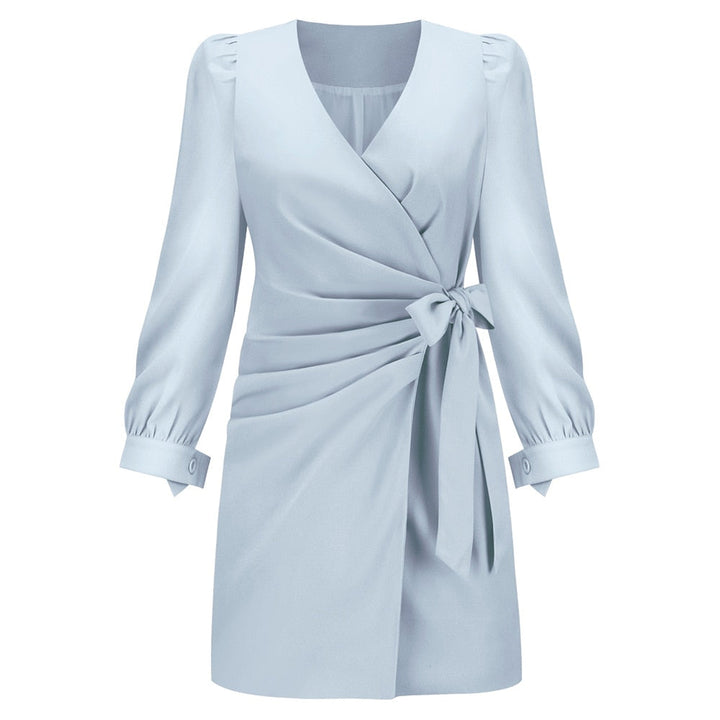 Versatile women's elegant wrap mini dress with long sleeves and waist tie, suitable for day, evening, or party wear.