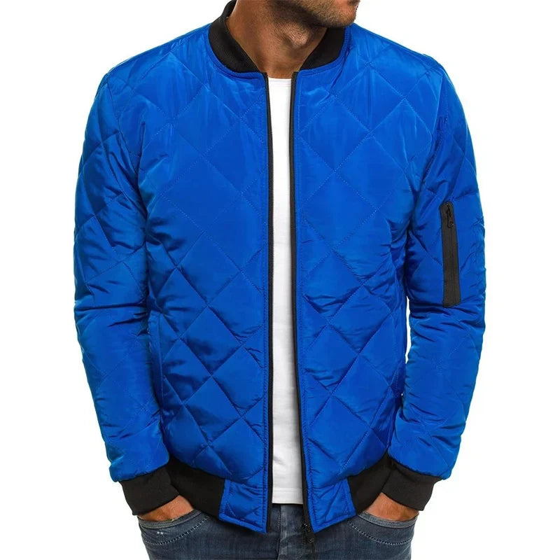 Stylish men's diamond quilted jacket for cold weather, a fashionable autumn & winter outerwear essential.