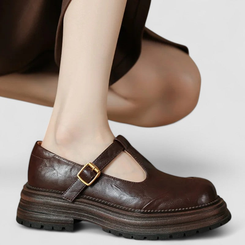 Women's supportive orthopedic leather Mary Janes with T-strap, ideal comfort walking shoes.