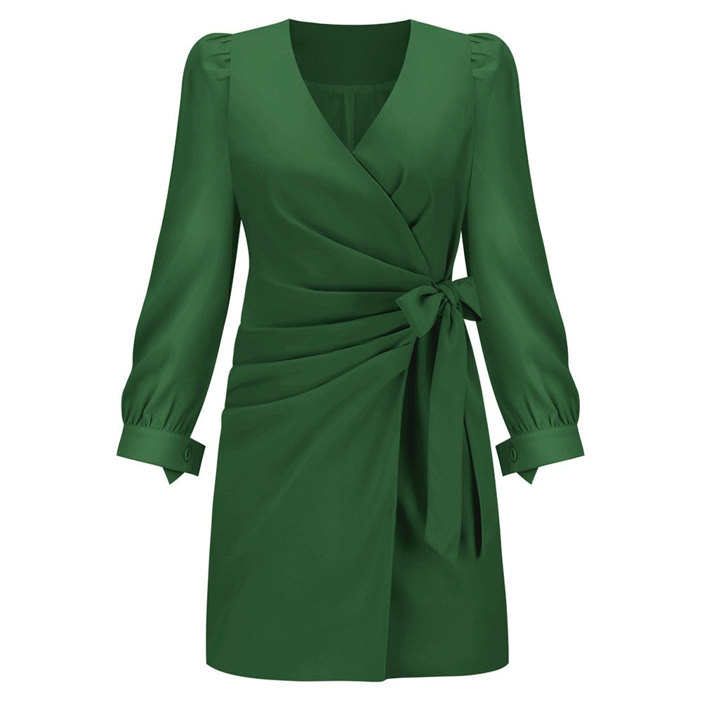 Chic V-neck women's mini wrap dress with long sleeves, designed for a flattering look for any occasion.