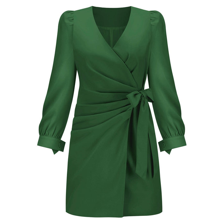 Chic V-neck women's mini wrap dress with long sleeves, designed for a flattering look for any occasion.