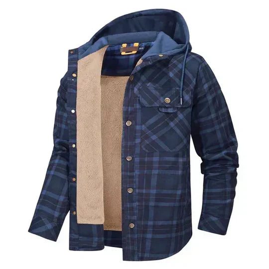 Button-up men's hooded plaid shirt jacket, versatile outerwear for casual warmth. Great fall fashion.